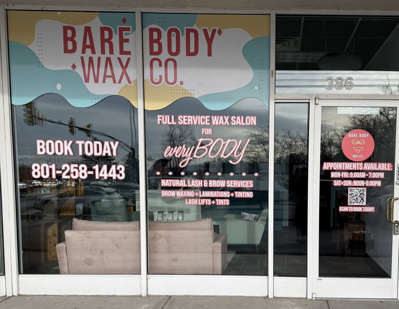 Bare Body Wax Co. — window art — Full-color window mural, by Quick Time Designs, Tooele Utah