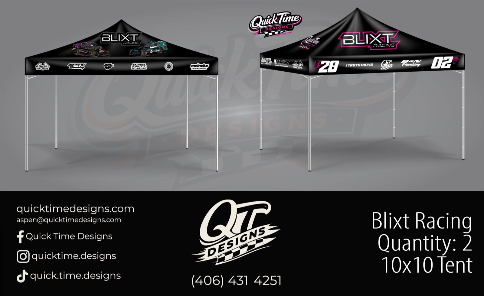 Blixt Racing — pit tents — Printed 10x10 canopies, by Quick Time Designs, Tooele Utah