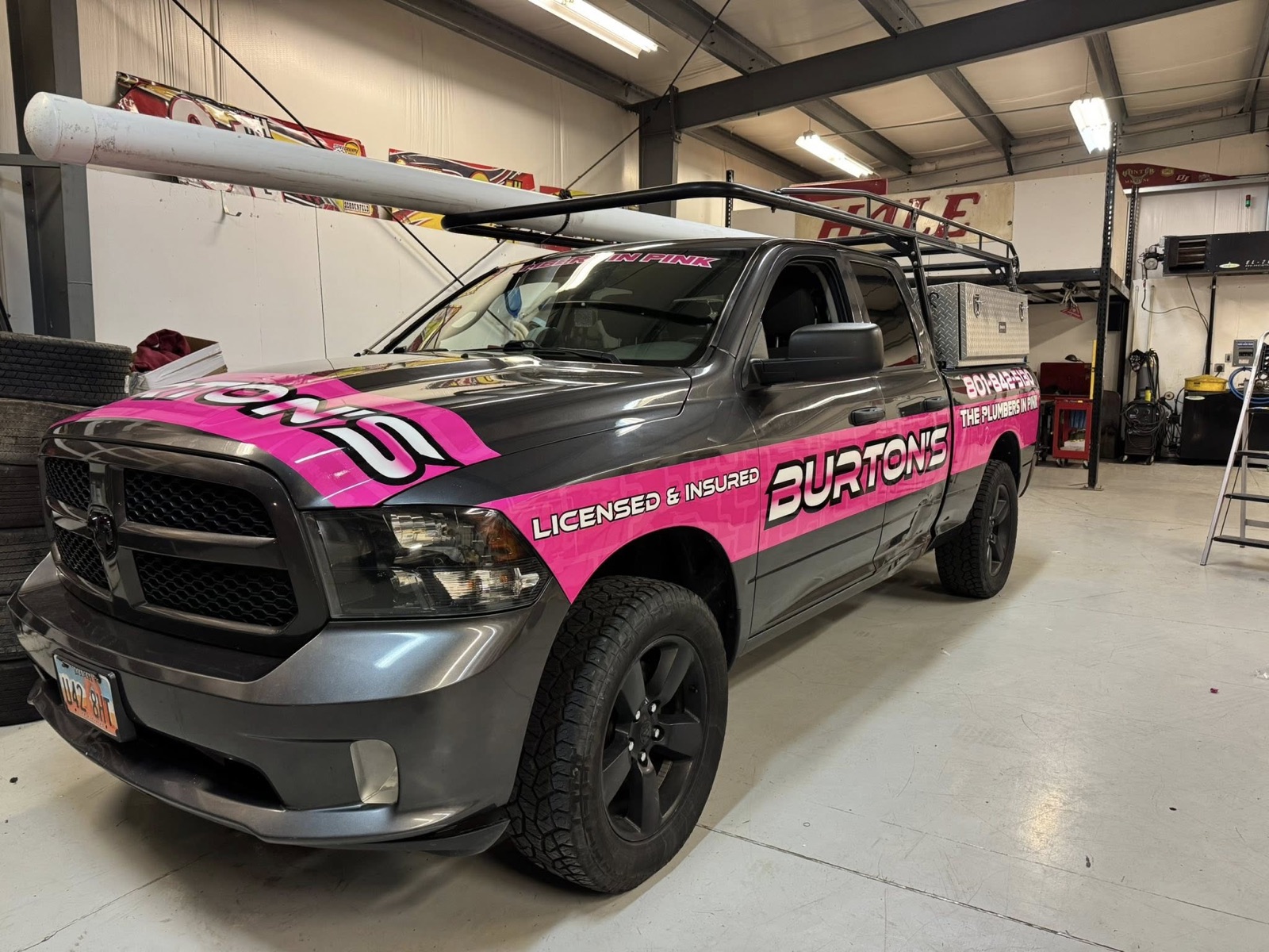 Full pink commercial truck wrap for Burton's Plumbing — The Plumbers in Pink — Ram pickup, Salt Lake Valley