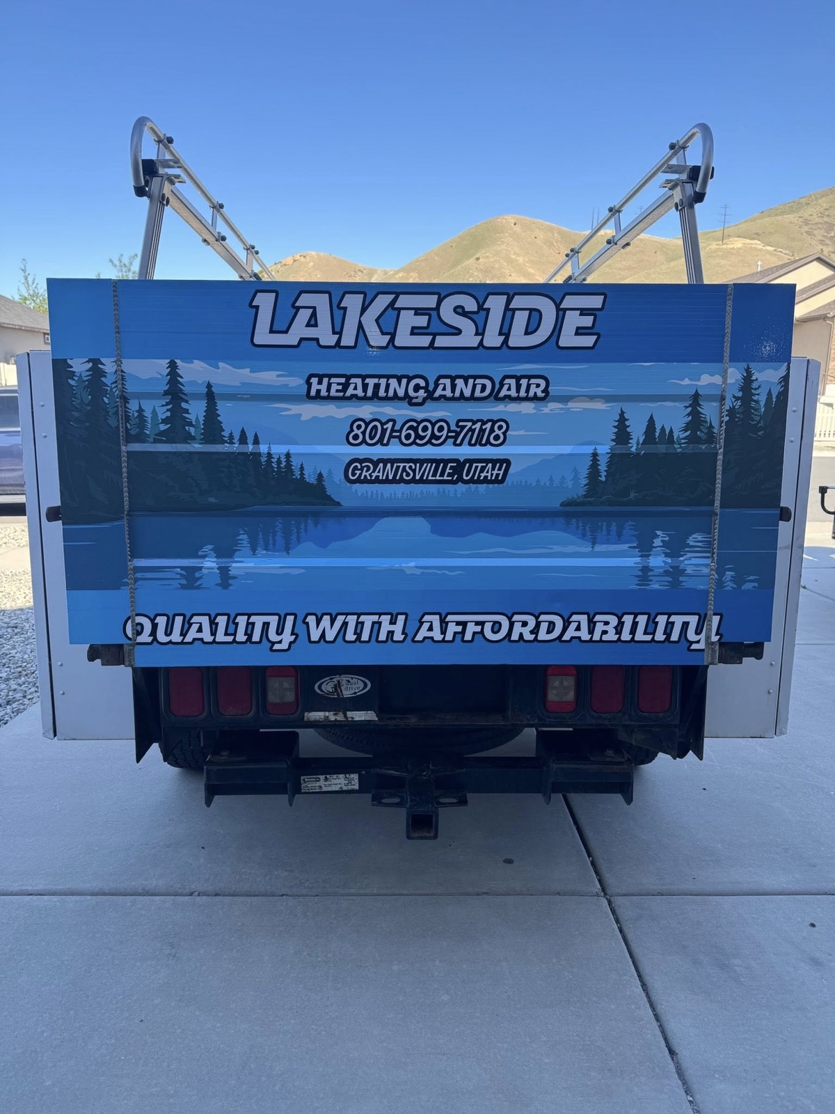 Lakeside Heating & Air — service truck — Printed tailgate mural + lettering, by Quick Time Designs, Tooele Utah