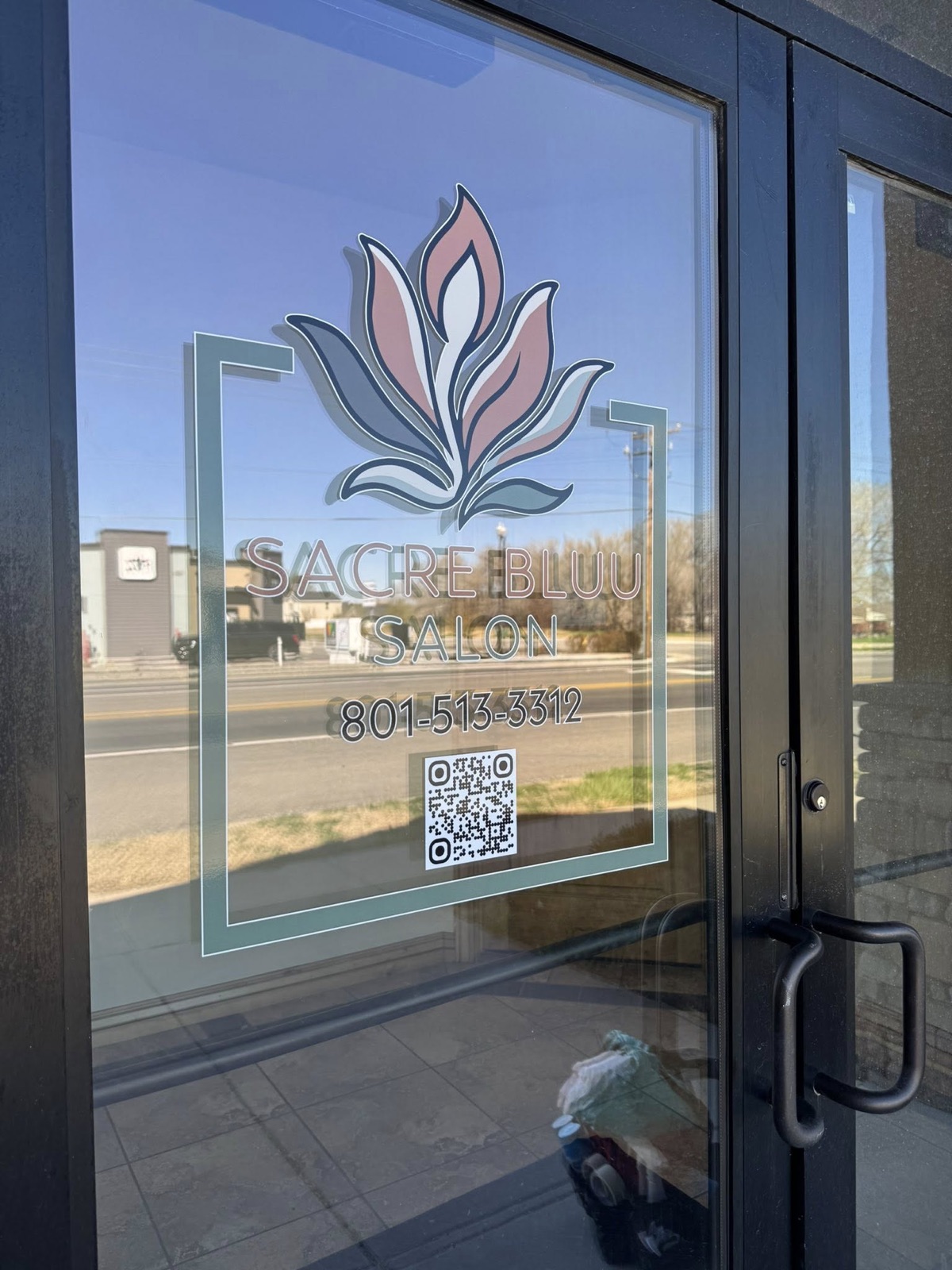 Sacre Bluu Salon — windows — Logo + booking QR, by Quick Time Designs, Tooele Utah